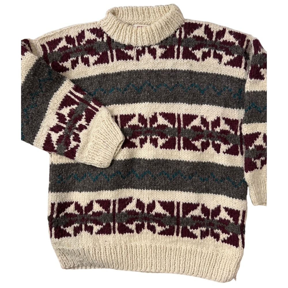 Gypsy Rose 100% Wool Chunky Knit‎ Sweater Nordic Boho Made in Ecuador Cream L/XL